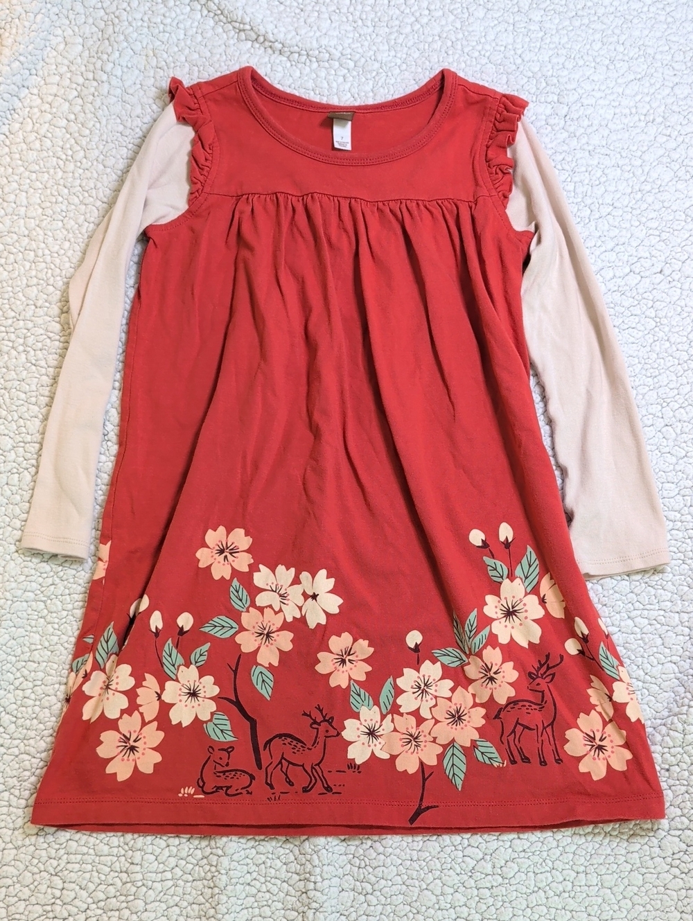 Tea Girls Rust Floral Deer Long-Sleeve Dress
